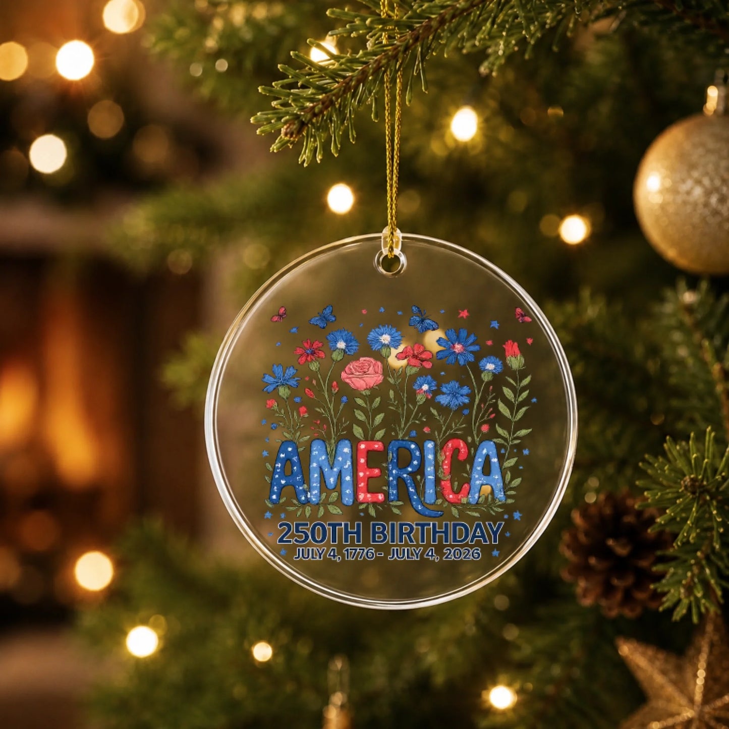 America 250th Birthday Ornament 1776 2026 Red White Blue Flowers - SKU022