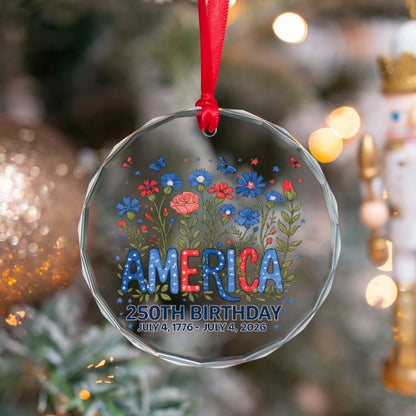 America 250th Birthday Ornament 1776 2026 Red White Blue Flowers - SKU022