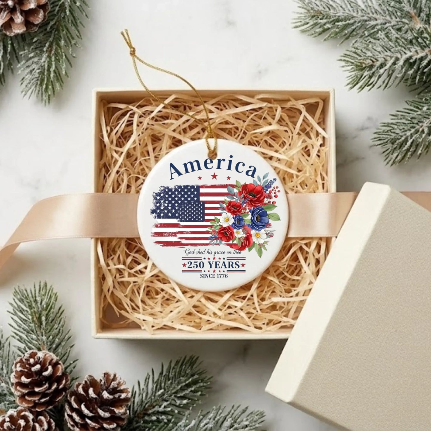 God Shed His Grace On Thee Ornament USA 250 Years Flag Bouquet - SKU020
