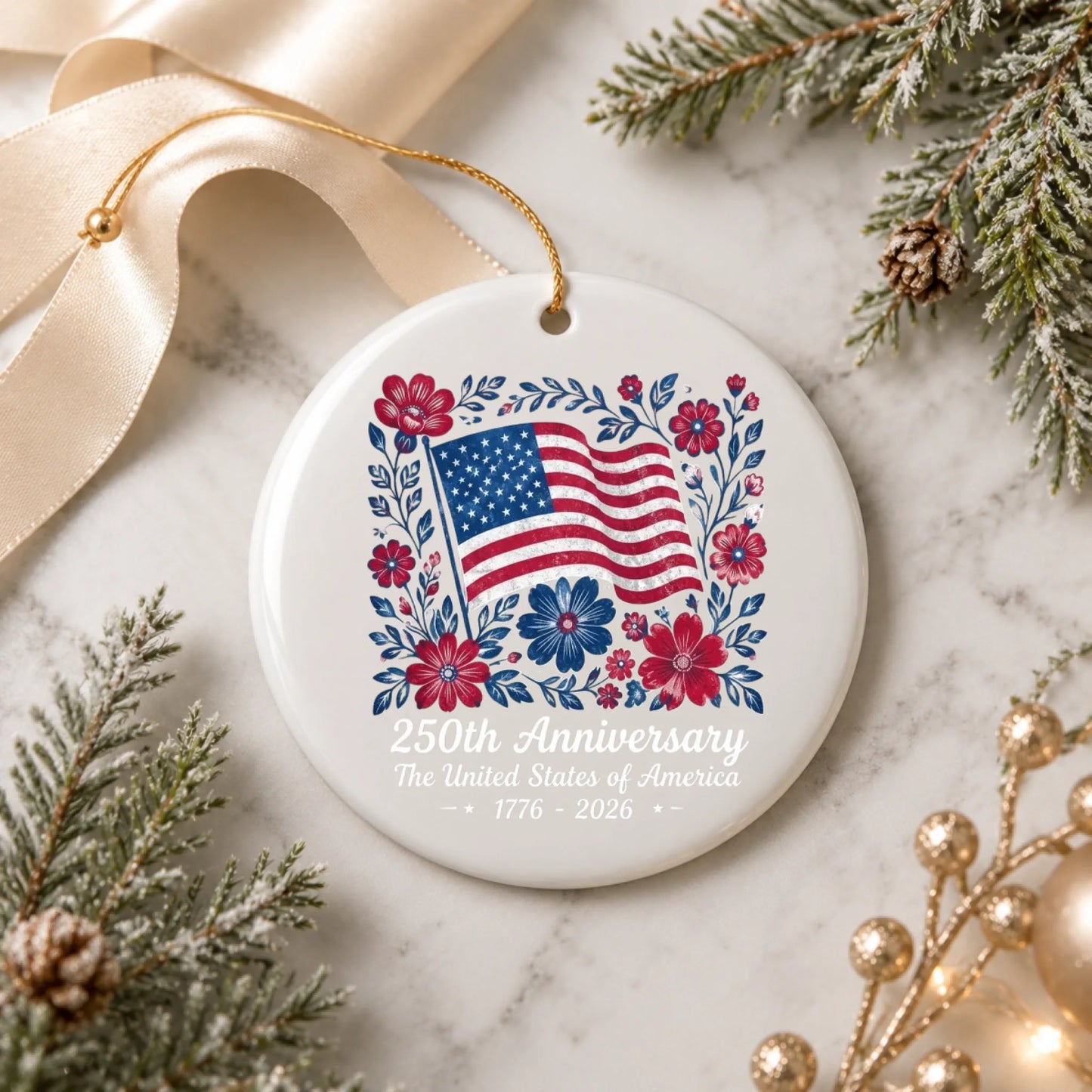 USA 250th Anniversary Floral Ornament American Flag Wreath - SKU017