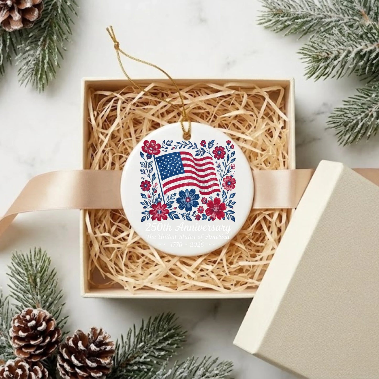 USA 250th Anniversary Floral Ornament American Flag Wreath - SKU017
