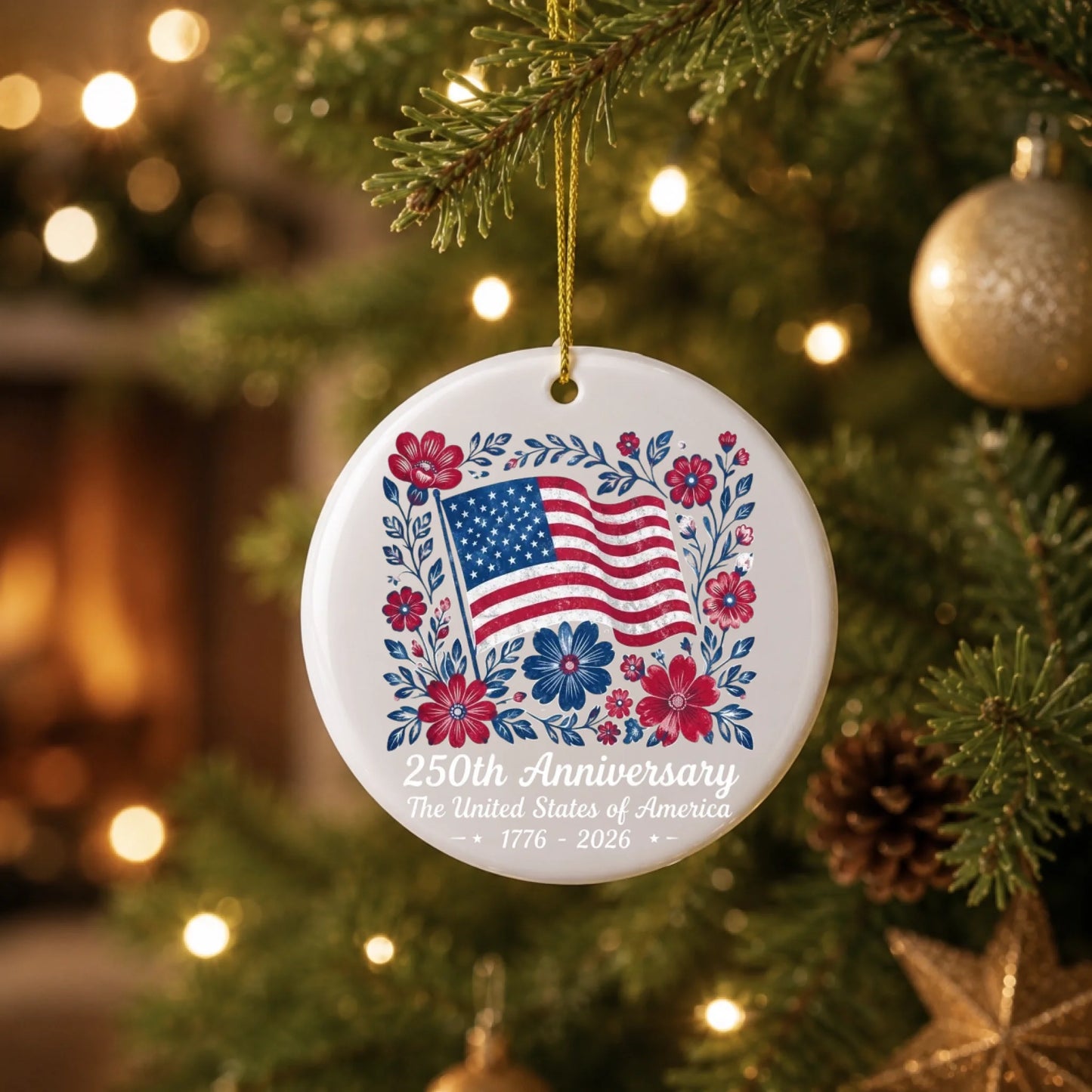 USA 250th Anniversary Floral Ornament American Flag Wreath - SKU017