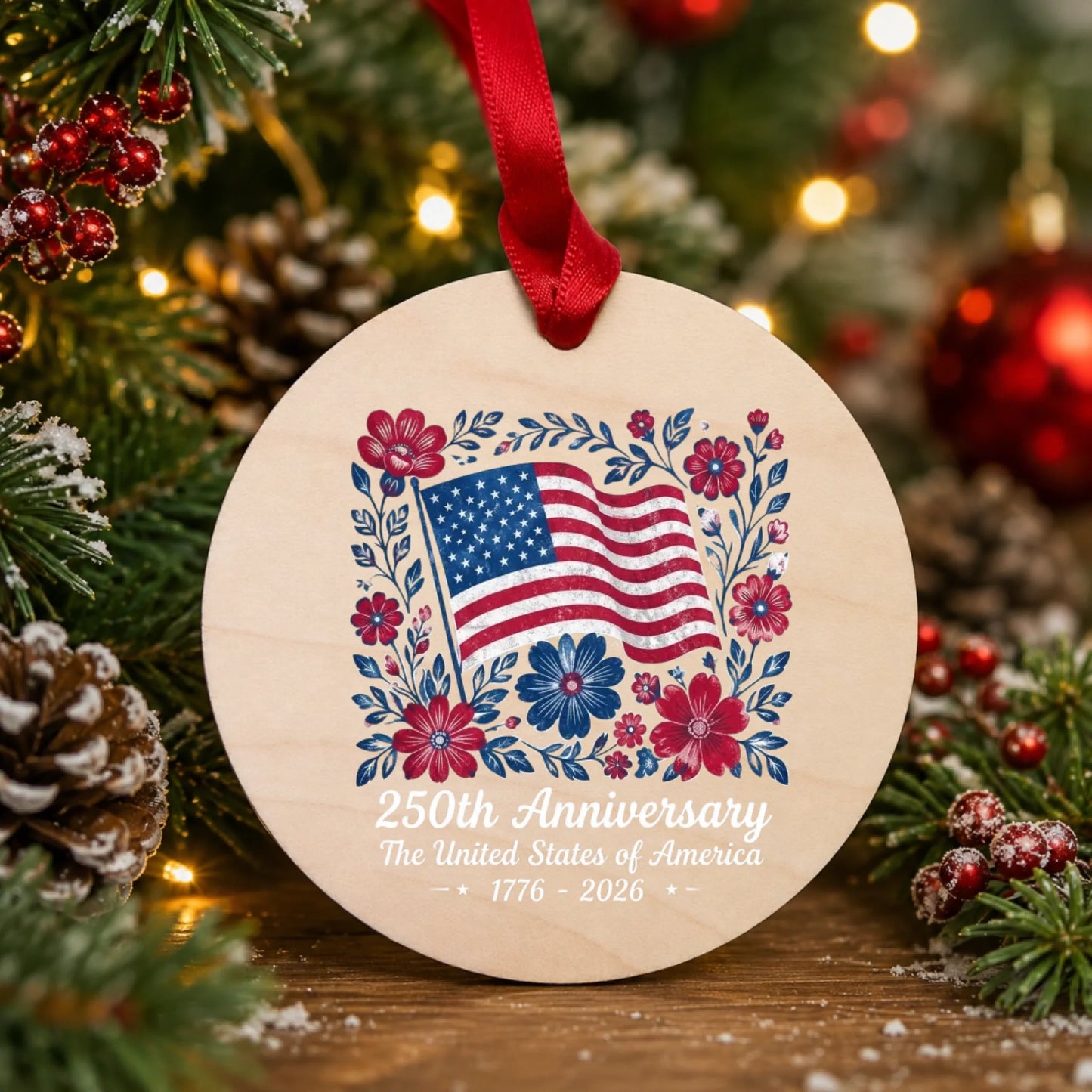USA 250th Anniversary Floral Ornament American Flag Wreath - SKU017