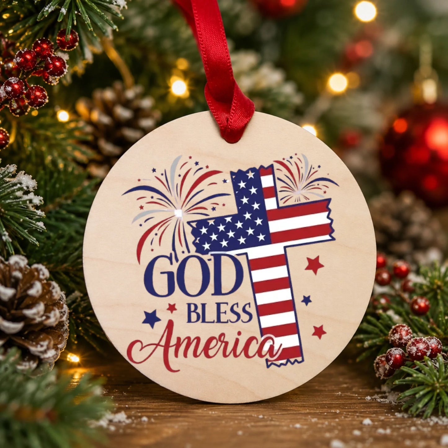 God Bless America Cross Ornament 4th of July Patriotic Decor -SKU015