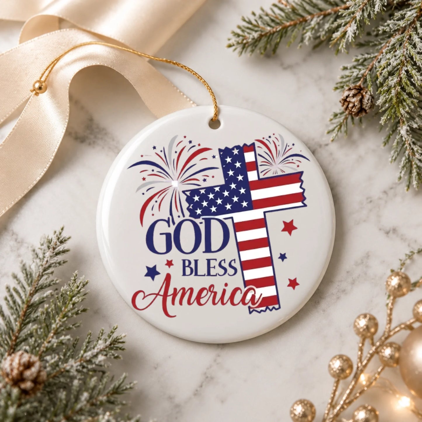 God Bless America Cross Ornament 4th of July Patriotic Decor -SKU015