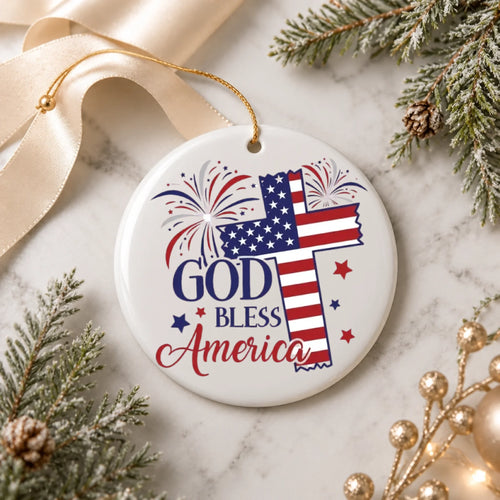 God Bless America Cross Ornament 4th of July Patriotic Decor -SKU015