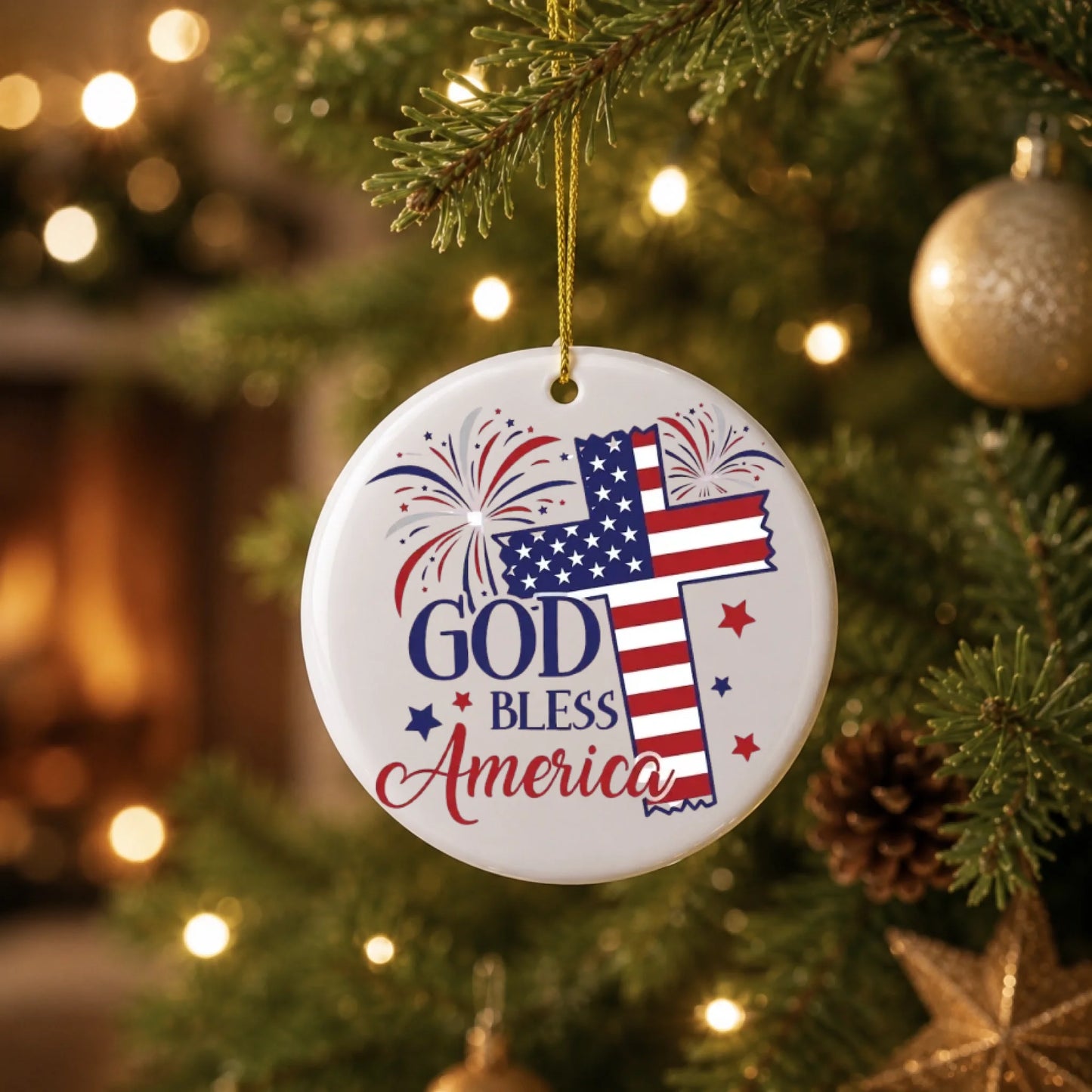 God Bless America Cross Ornament 4th of July Patriotic Decor -SKU015