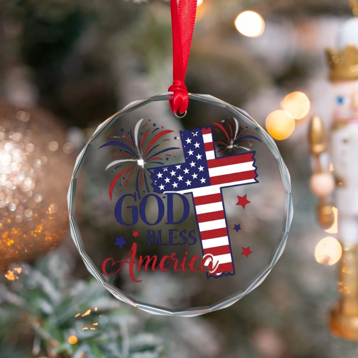 God Bless America Cross Ornament 4th of July Patriotic Decor -SKU015