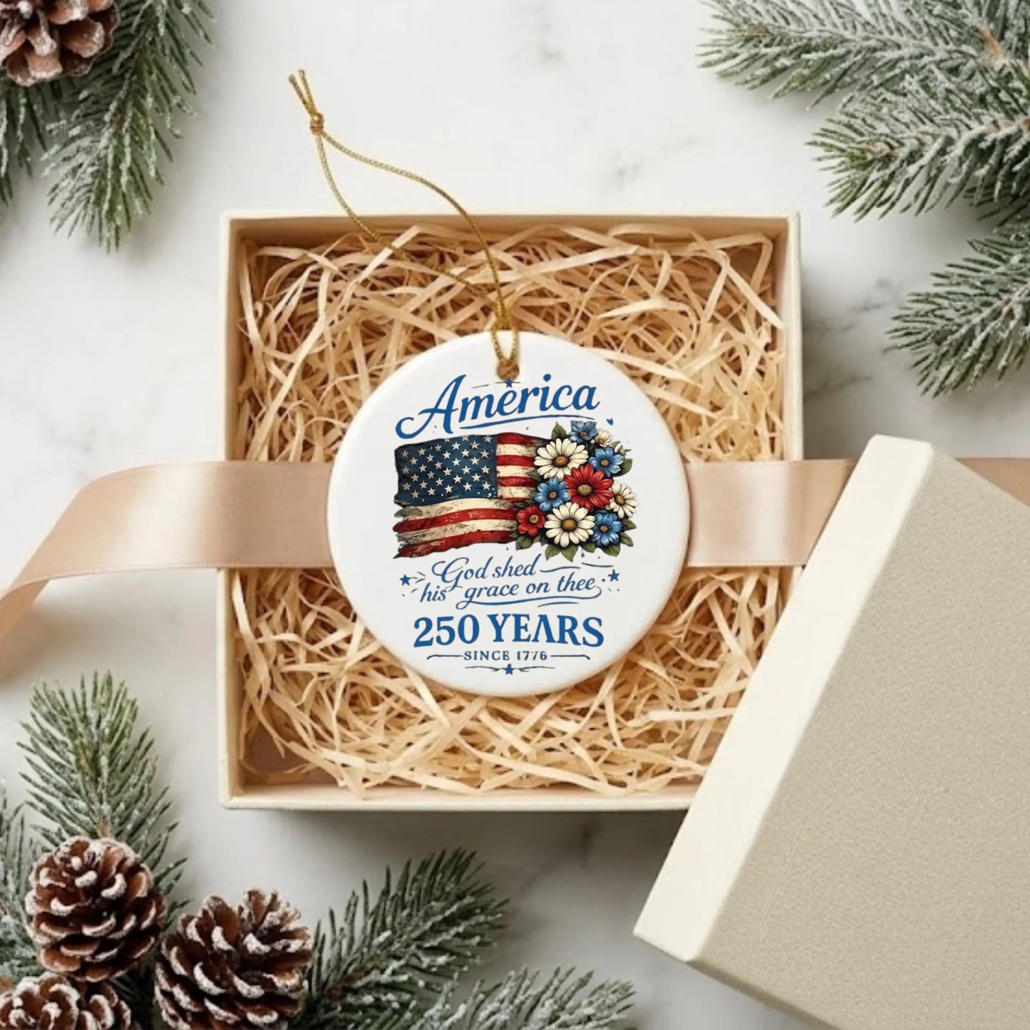 God Shed His Grace On Thee Ornament USA 250 Years Flag Flower - SKU014