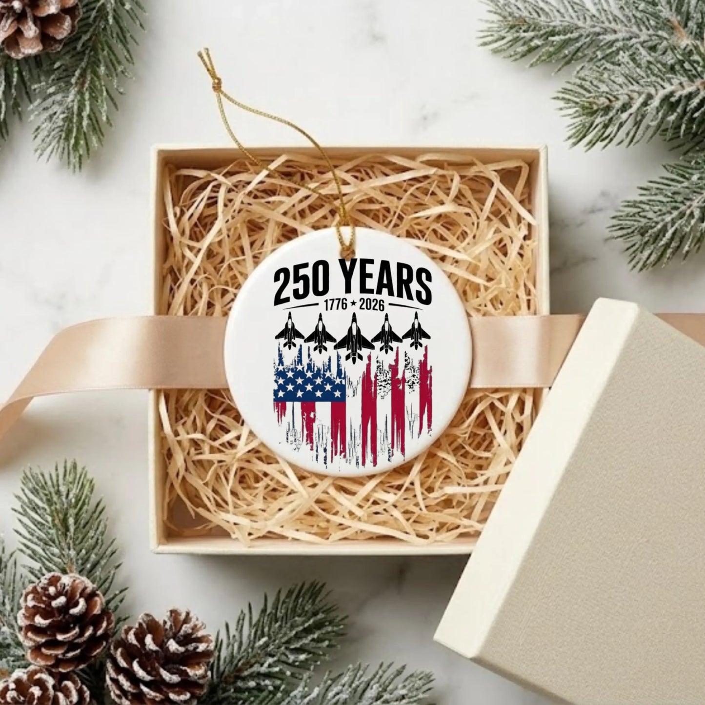 250 Years 1776-2026 Ornament American Flag Fighter Jets - SKU012