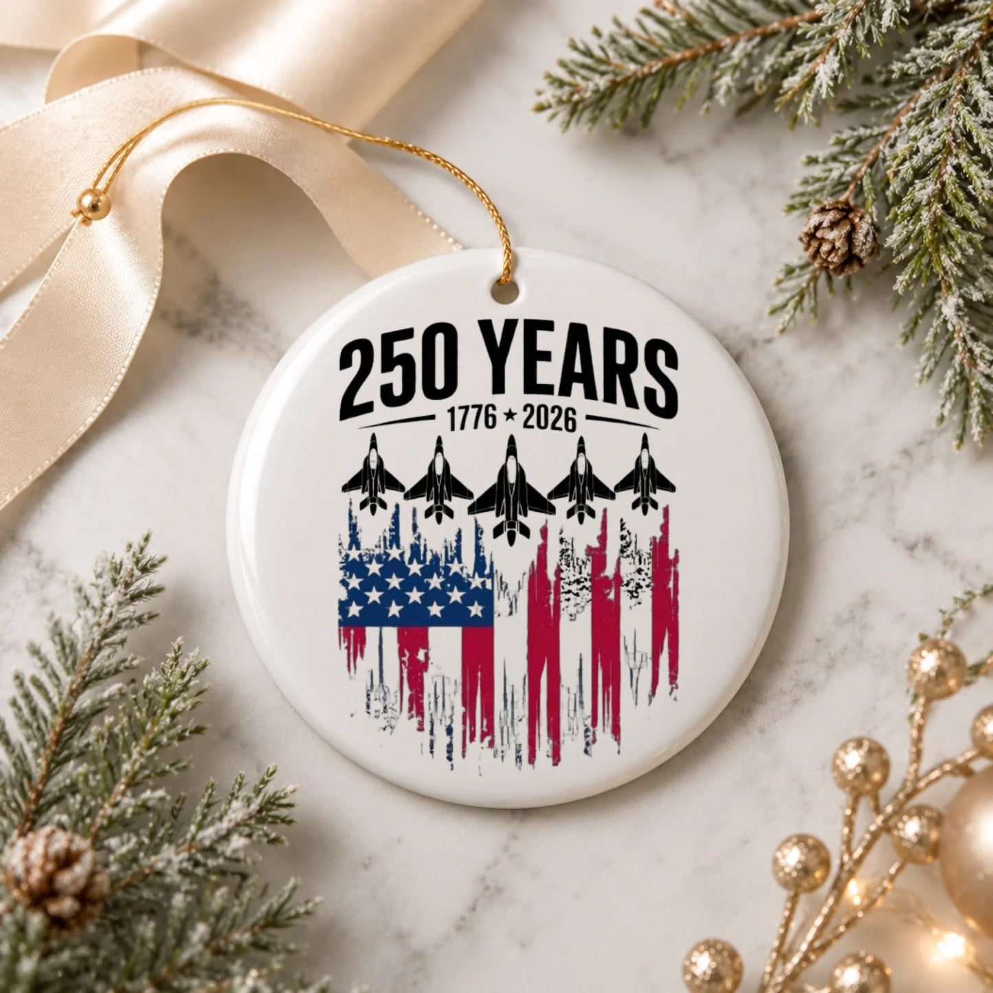 250 Years 1776-2026 Ornament American Flag Fighter Jets - SKU012