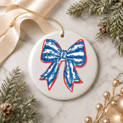 Patriotic Coquette Bow Ornament American Flag Watercolor Bow - SKU011