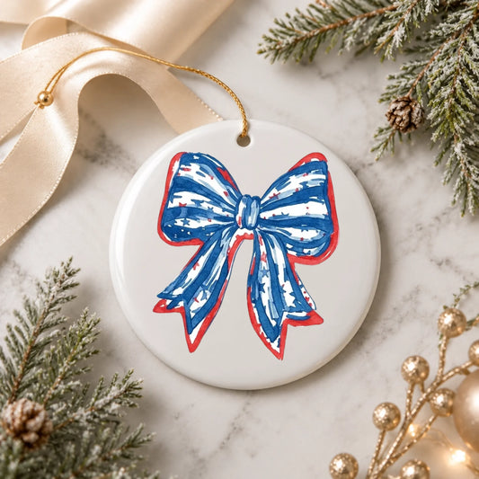 Patriotic Coquette Bow Ornament American Flag Watercolor Bow - SKU011