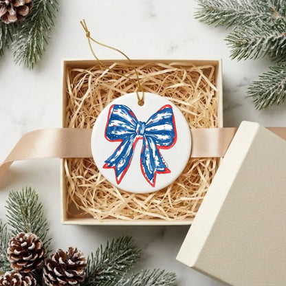 Patriotic Coquette Bow Ornament American Flag Watercolor Bow - SKU011