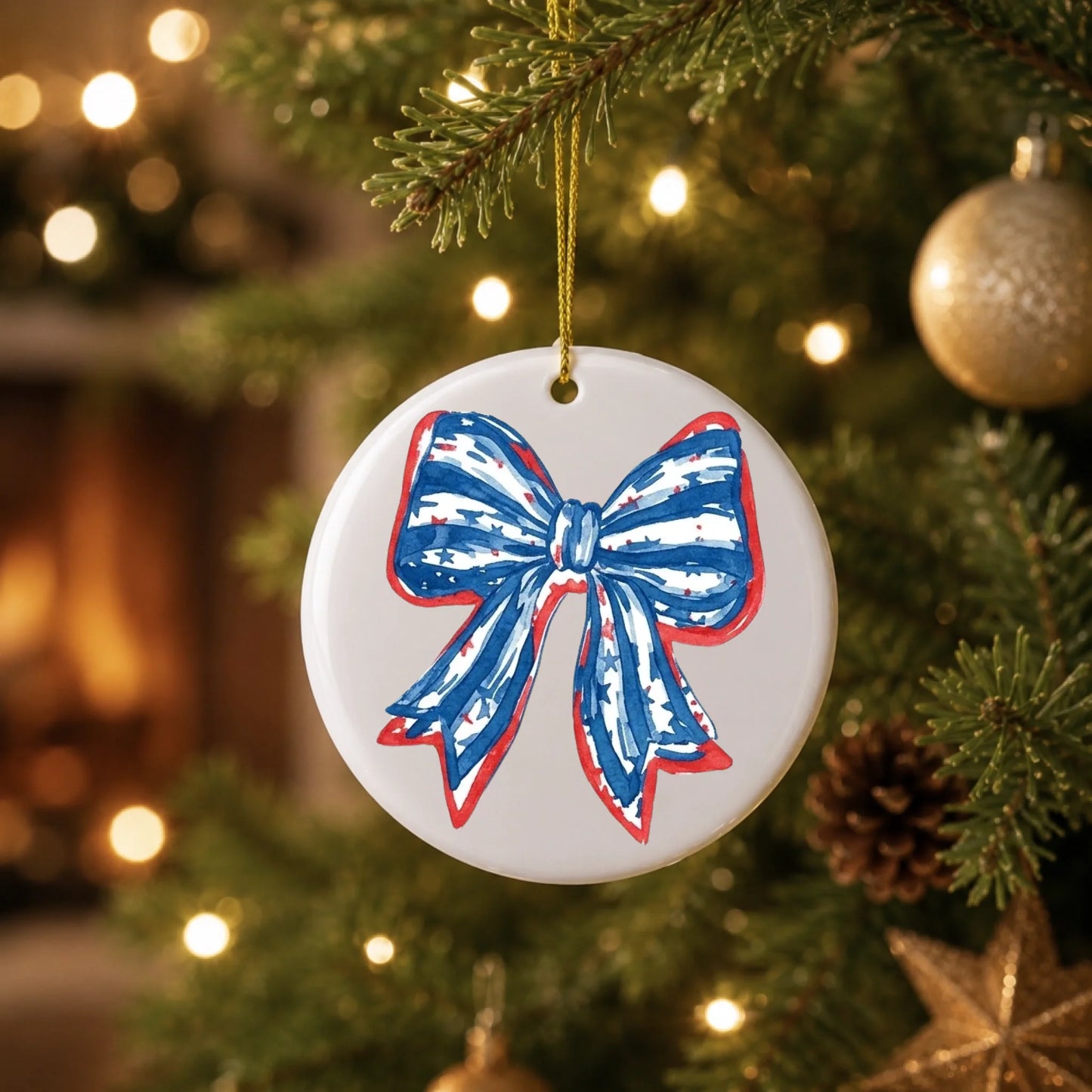 Patriotic Coquette Bow Ornament American Flag Watercolor Bow - SKU011