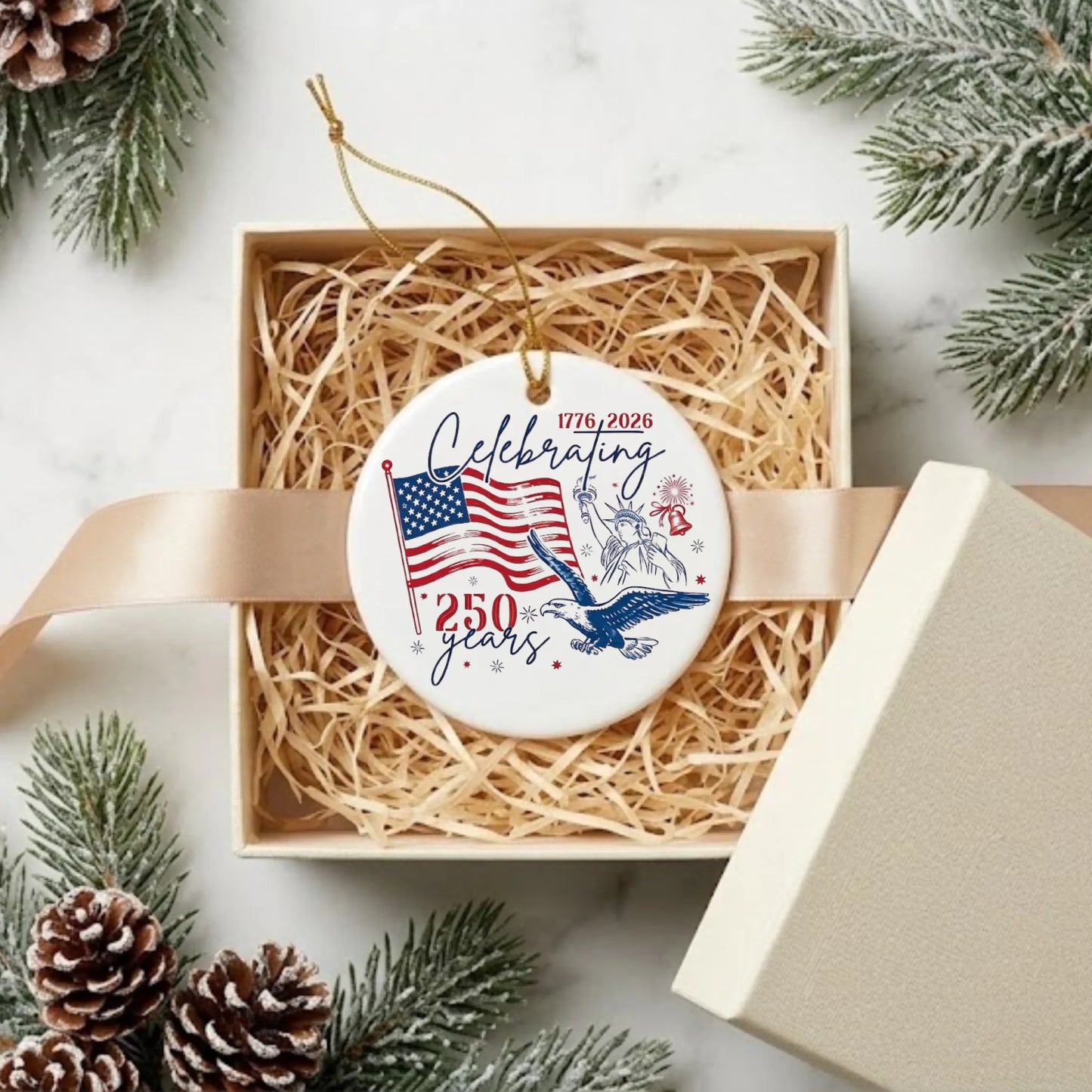 Celebrating USA 250 Years Ornament American Flag Liberty Eagle - SKU009