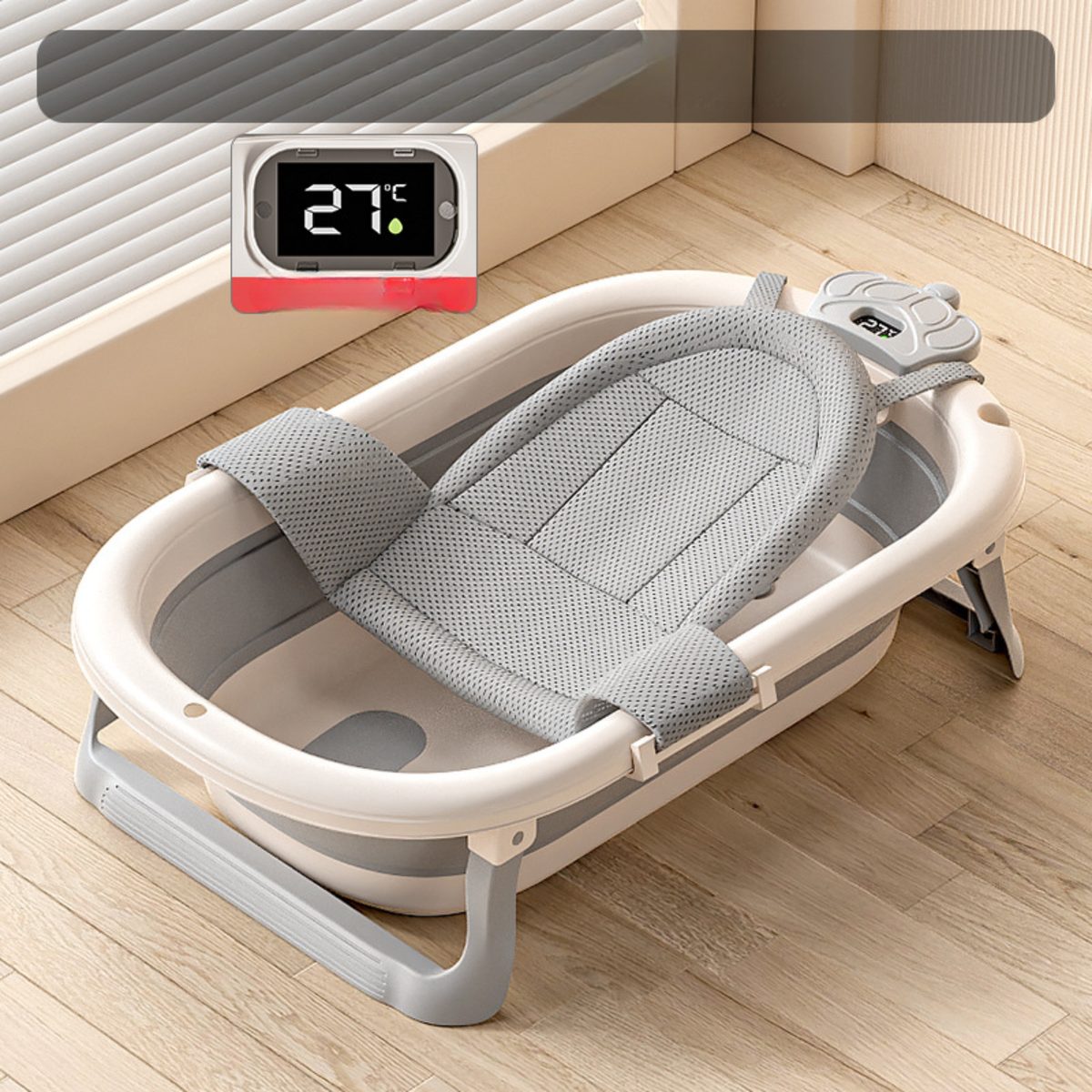 Foldable Baby Bathtub with Temperature Display & Bath Support – Space Saving Infant Toddler Tub with Non-Slip Legs