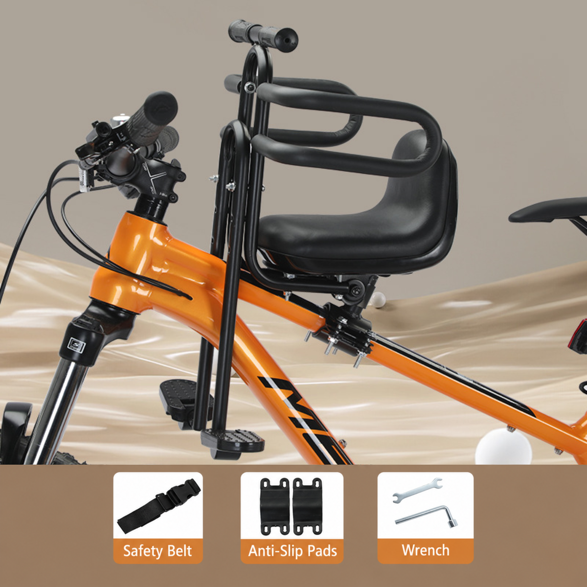 Front Mounted Child Bike Seat with Safety Guard & Footrests – Adjustable Kids Bicycle Seat