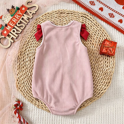Infant Christmas Romper Sleeveless Ribbed Bodysuit with Bow, Santa Claus and Christmas Tree Embroidery for Newborns