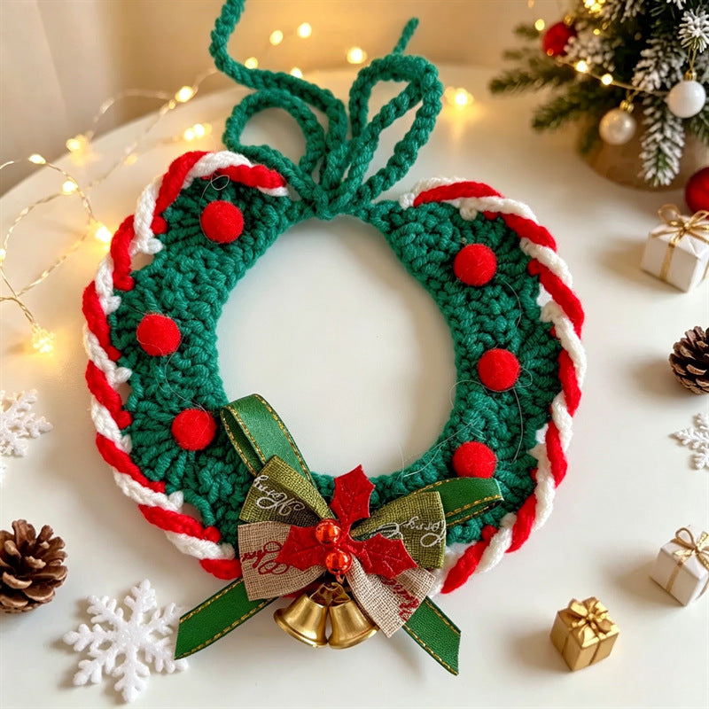 Cat and Dog Triangular Christmas Bib, Neck Scarf, Hat Set, Pet Holiday Bell Christmas Scarf