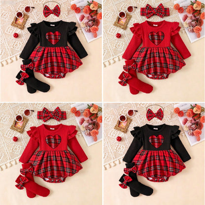 Baby Christmas Clothing for Girls, Plaid Heart Long-Sleeved Jumpsuit
