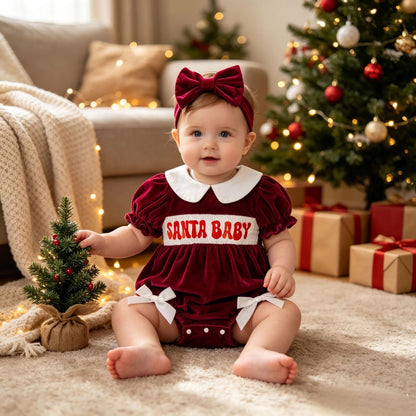 Baby Girl's Christmas Red Velvet Romper With Letter Embroidery + Bow Hair Accessory