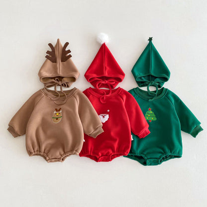 Baby Christmas Outfit for Autumn and Winter, Infant and Toddler One-Piece Fleece-Lined Thickened Romper for Warmth
