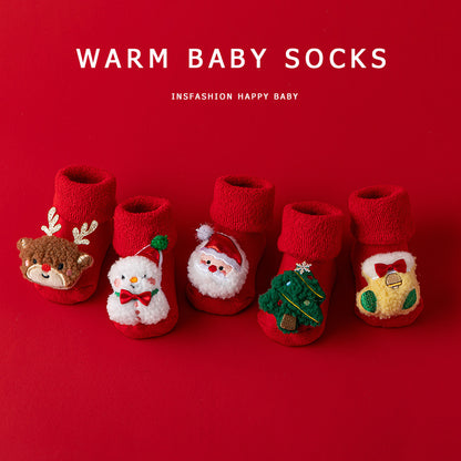 Set of 5 Christmas Baby Socks, Warm Non Slip Newborn Socks, Cute Holiday Socks for Baby Boys and Girls