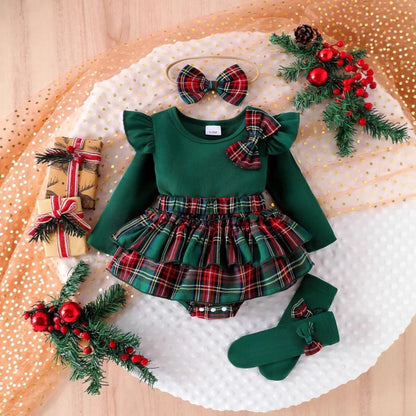 Autumn and Winter Long Sleeve Baby Girl Jumpsuit, Christmas Vibe Bow Romper Dress, Headband and Socks Set
