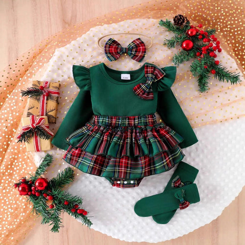 Autumn and Winter Long Sleeve Baby Girl Jumpsuit, Christmas Vibe Bow Romper Dress, Headband and Socks Set
