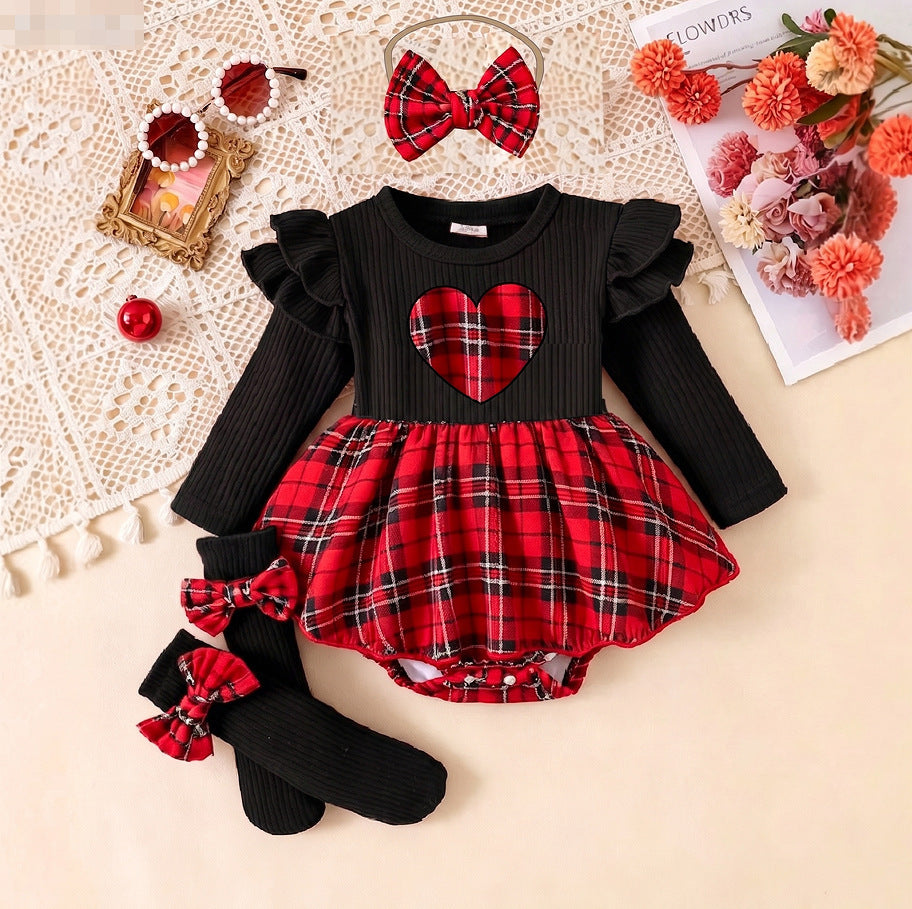 Baby Christmas Clothing for Girls, Plaid Heart Long-Sleeved Jumpsuit