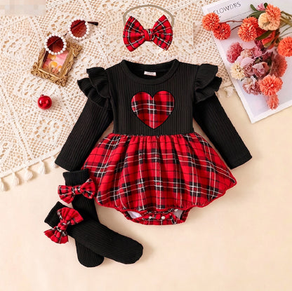Baby Christmas Clothing for Girls, Plaid Heart Long-Sleeved Jumpsuit