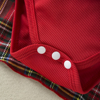 Baby Jumpsuit Plaid Dress Christmas Strap Dress Two-Piece Long-Sleeved