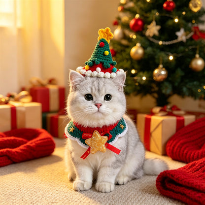 Cat and Dog Triangular Christmas Bib, Neck Scarf, Hat Set, Pet Holiday Bell Christmas Scarf