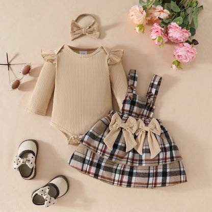 Newborn Baby Girl Spring & Fall Style Flying Sleeves Long-Sleeved Plaid Skirt Hair Accessories 3-Piece Set