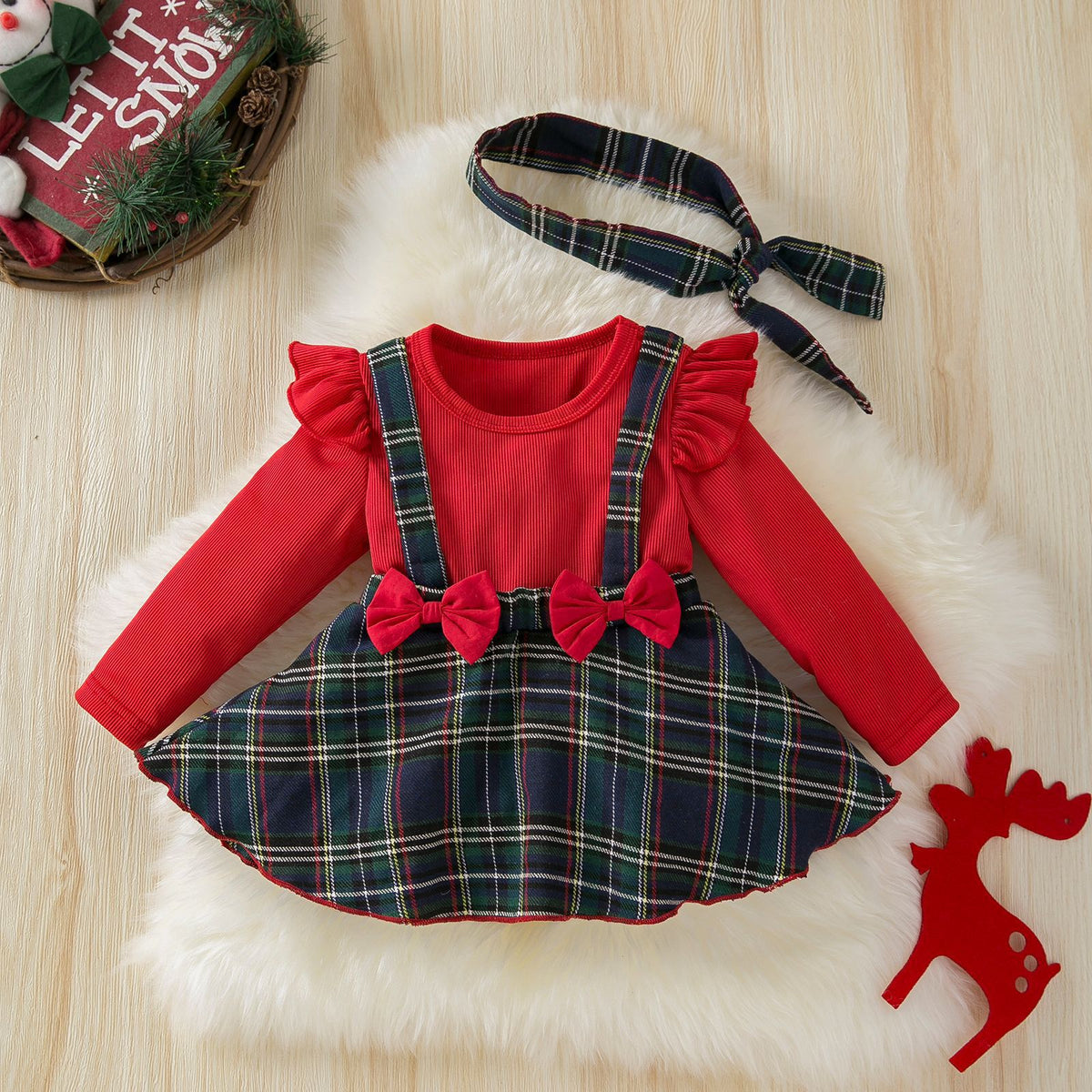 Baby Jumpsuit Plaid Dress Christmas Strap Dress Two-Piece Long-Sleeved