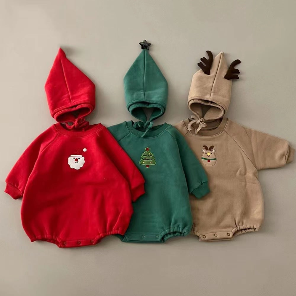 Baby Christmas Outfit for Autumn and Winter, Infant and Toddler One-Piece Fleece-Lined Thickened Romper for Warmth