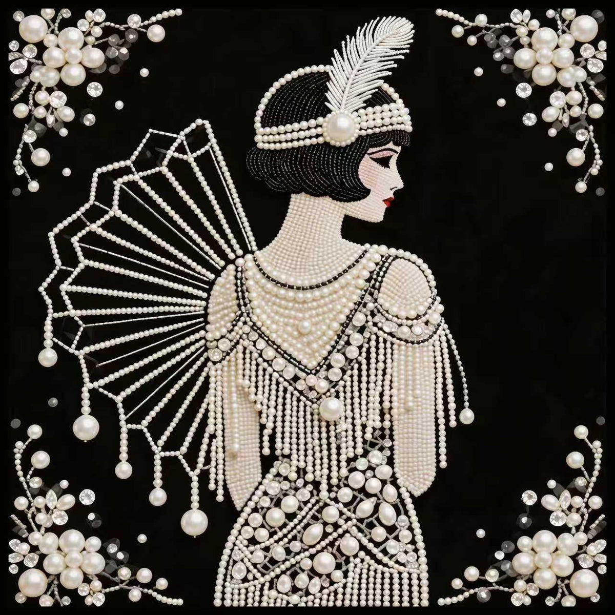 Wooden Frame Pearl Painting DIY Handmade Rhinestone Painting with Partial Bead Application on Black Background