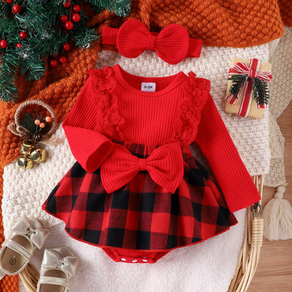 Autumn and Winter Children's Clothing Lace-Trimmed Girls' Patchwork Triangle-Style Ribbed Romper Plaid Jumpsuit Christmas Set