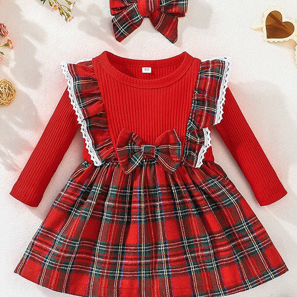 Baby Girls Long-Sleeved Dress Autumn and Winter Children's Christmas Paid Dress Baby Baby Red Skirt A-Line Dress