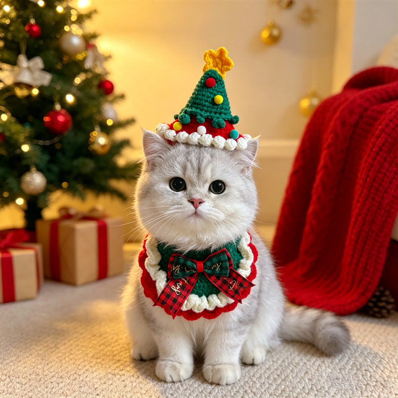 Cat and Dog Triangular Christmas Bib, Neck Scarf, Hat Set, Pet Holiday Bell Christmas Scarf