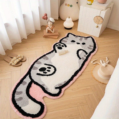 Cartoon Kitten Faux Cashmere Floor Mat for Home, Long Strip Bedroom Bedside Rug, Sofa Coffee Table Rug