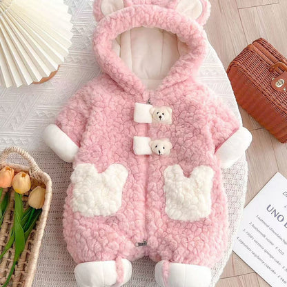 Hooded Baby Jumpsuit – Soft Rabbit Fleece One-Piece Outfit for 0–2 Years