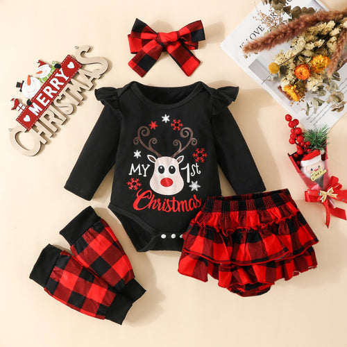 Baby Christmas Four-Piece Long Sleeve Letter Deer Head Triangle Romper + Plaid Shorts + Pants Set + Headscarf