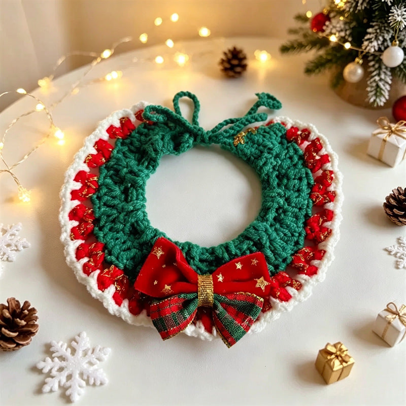 Cat and Dog Triangular Christmas Bib, Neck Scarf, Hat Set, Pet Holiday Bell Christmas Scarf
