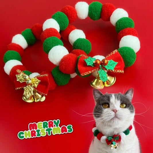 Pet Christmas Bow Collar Cat Bib Christmas Bell Cute Dog Decorations Necklace