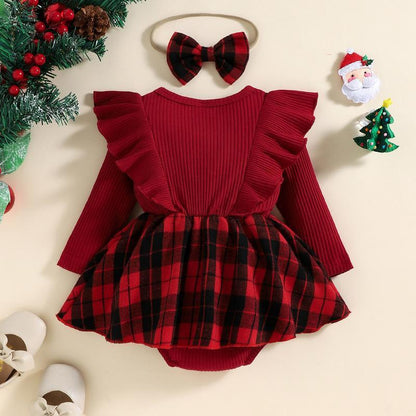 Baby Jumpsuit Spring and Autumn Red Long Sleeve Plaid Bag Fart Skirt Baby Girl Christmas Clothes