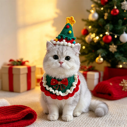 Cat and Dog Triangular Christmas Bib, Neck Scarf, Hat Set, Pet Holiday Bell Christmas Scarf