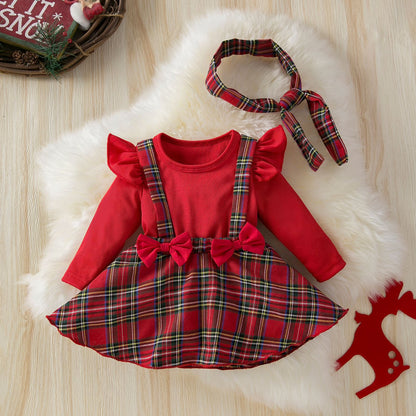 Baby Jumpsuit Plaid Dress Christmas Strap Dress Two-Piece Long-Sleeved