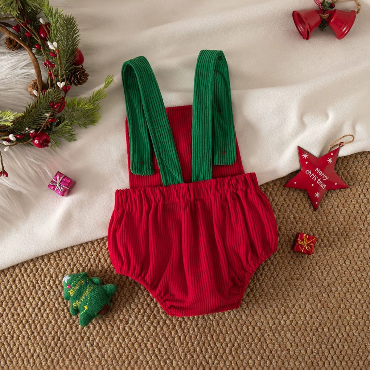 Christmas Corduroy Sleeveless Romper for Baby Girls, Cute Embroidered Baby Jumpsuit